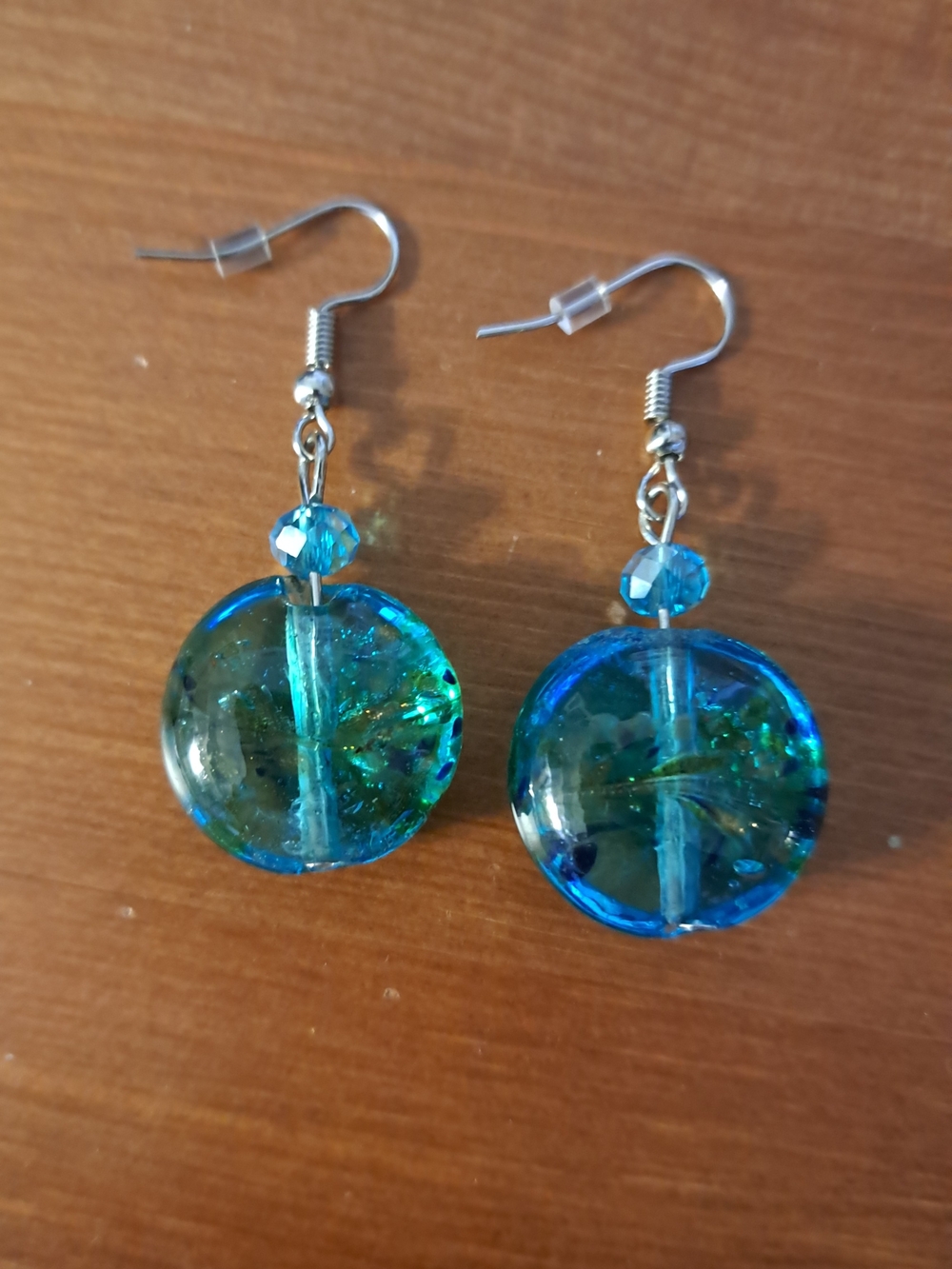 Blue-Green Glass Disc Dangle Earrings